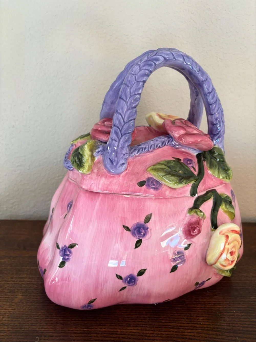 Pink Floral Ceramic Handbag Cookie jar